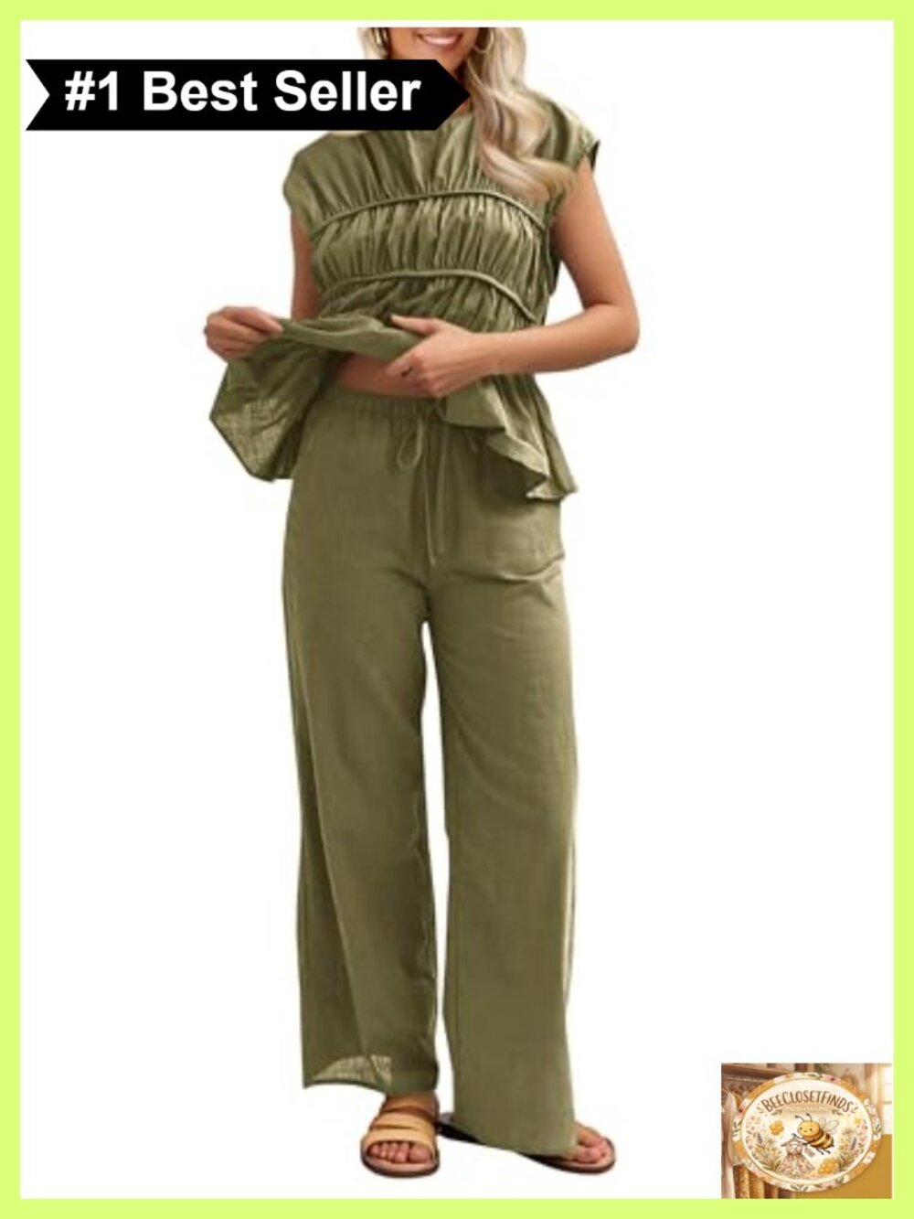 Womens 2 Piece Linen Pants Set Peplum Top Drawstring Waist Summer Vacation